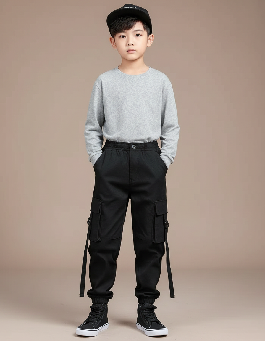Pantalon Noir Cargo Streetwear Garçon Poches - Toile