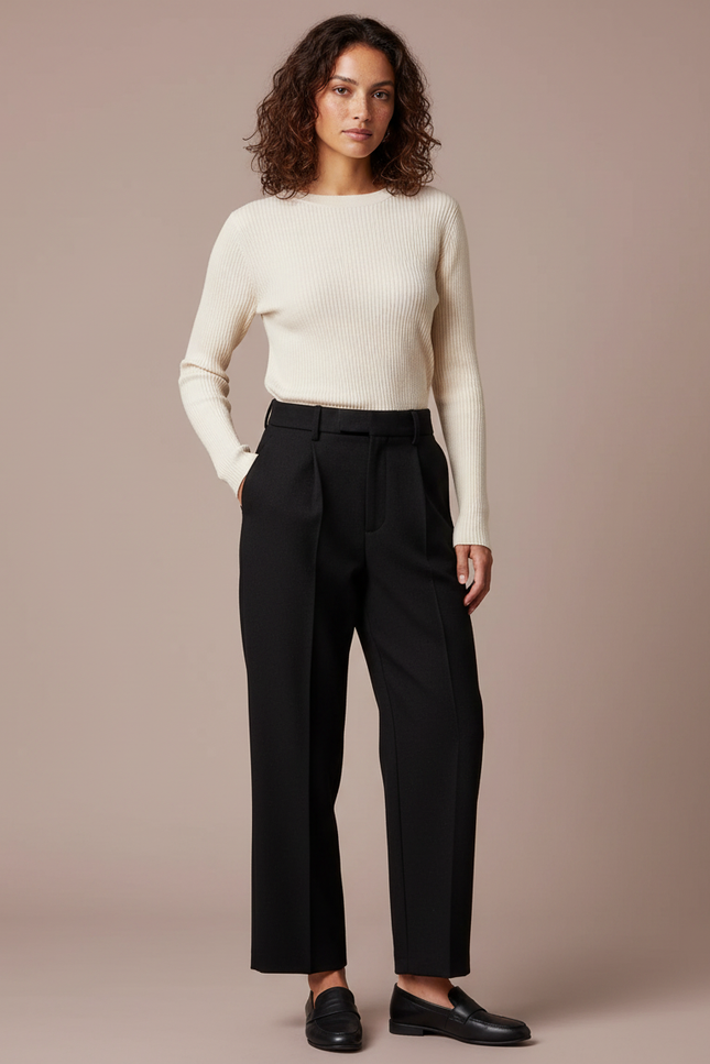 Pantalon Noir Droit Taille Haute Plissé Fluide - Gabardine