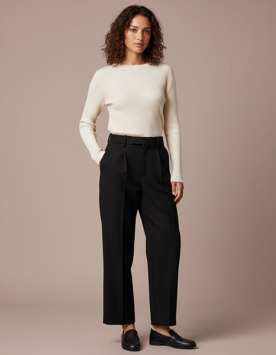 Pantalon Noir Droit Taille Haute Plissé Fluide - Gabardine