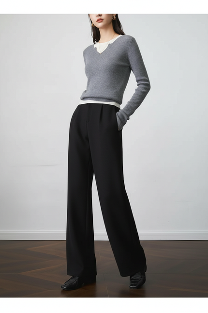 Pantalon Noir Droit Fluide Élégant Taille Haute - Viscose