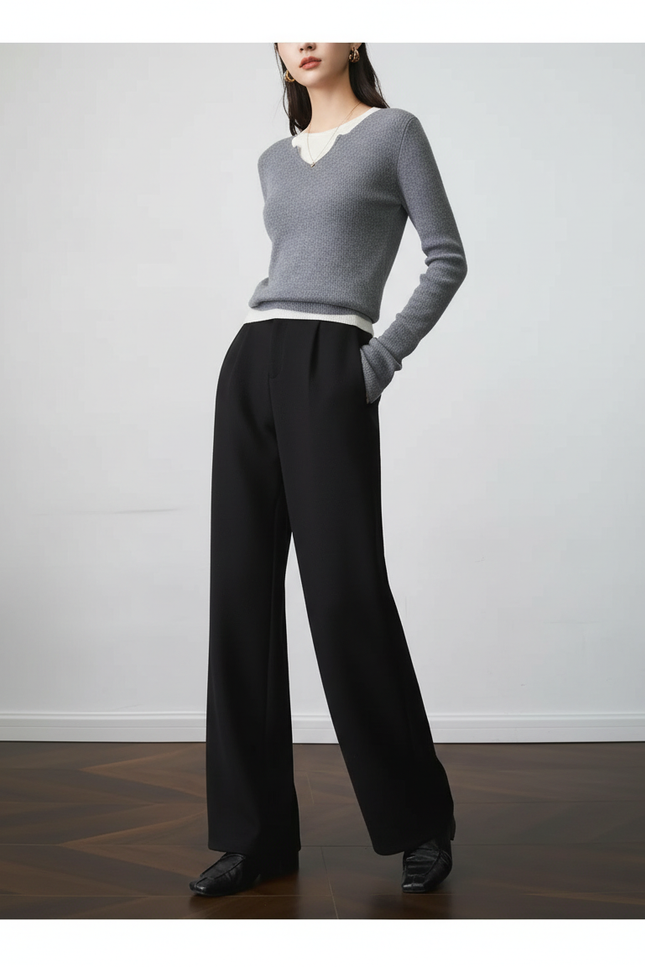 Pantalon Noir Droit Fluide Élégant Taille Haute - Viscose