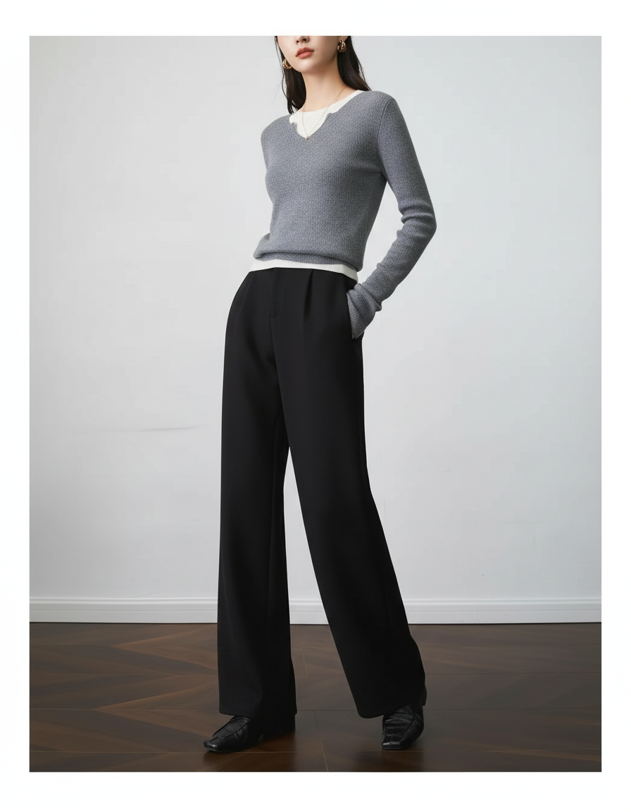 Pantalon Noir Droit Fluide Élégant Taille Haute - Viscose