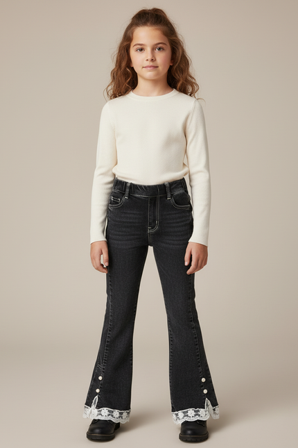Pantalon Noir Évasé Dentelle Perles Enfant - Jean