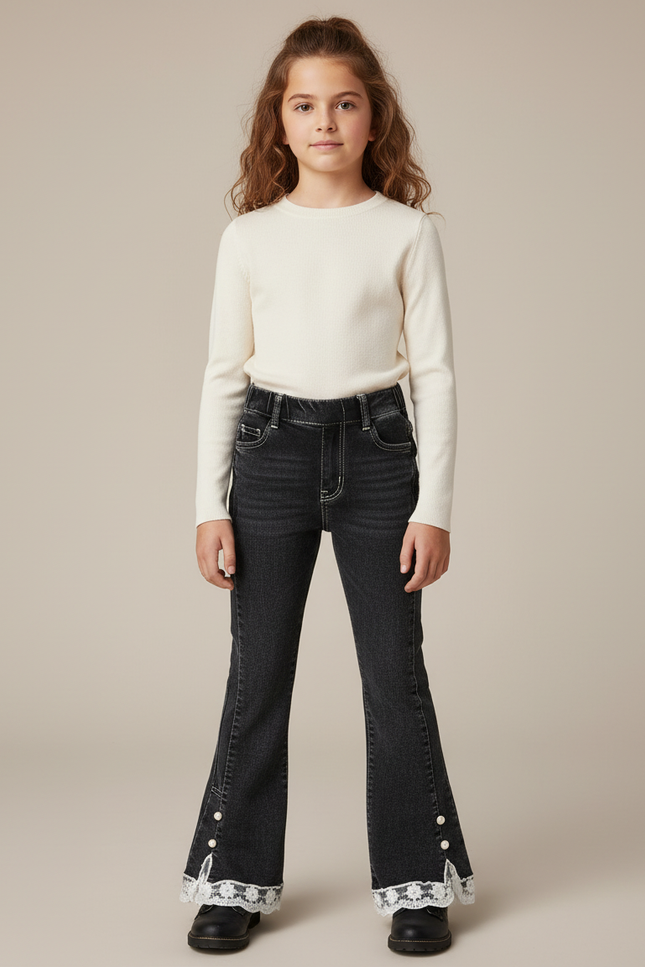 Pantalon Noir Évasé Dentelle Perles Enfant - Jean