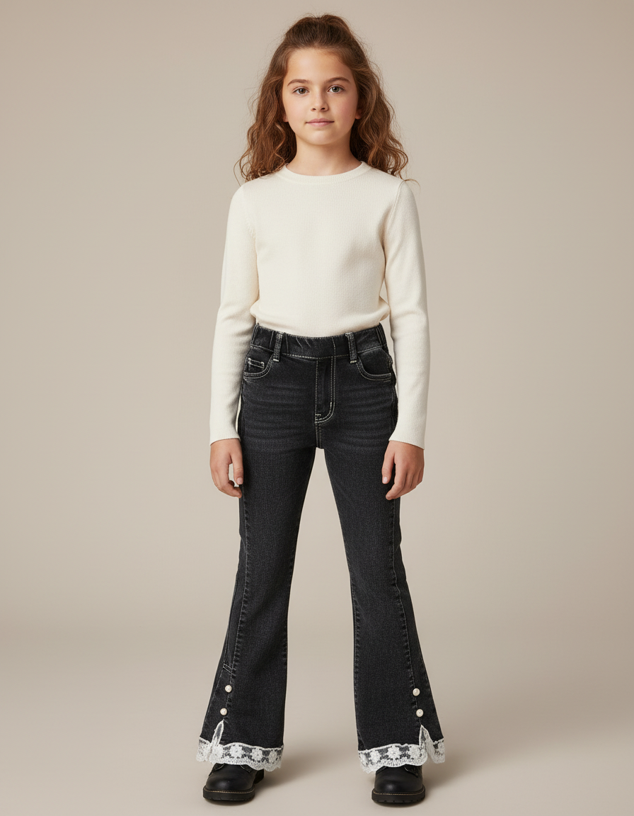 Pantalon Noir Évasé Dentelle Perles Enfant - Jean