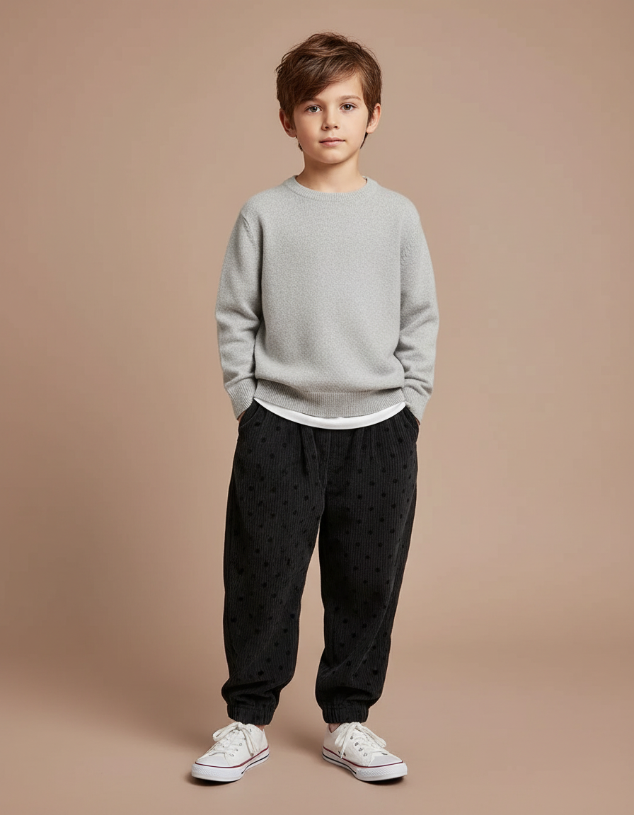 Pantalon Noir Côtelé Ample Points Harem Enfant - Cordé