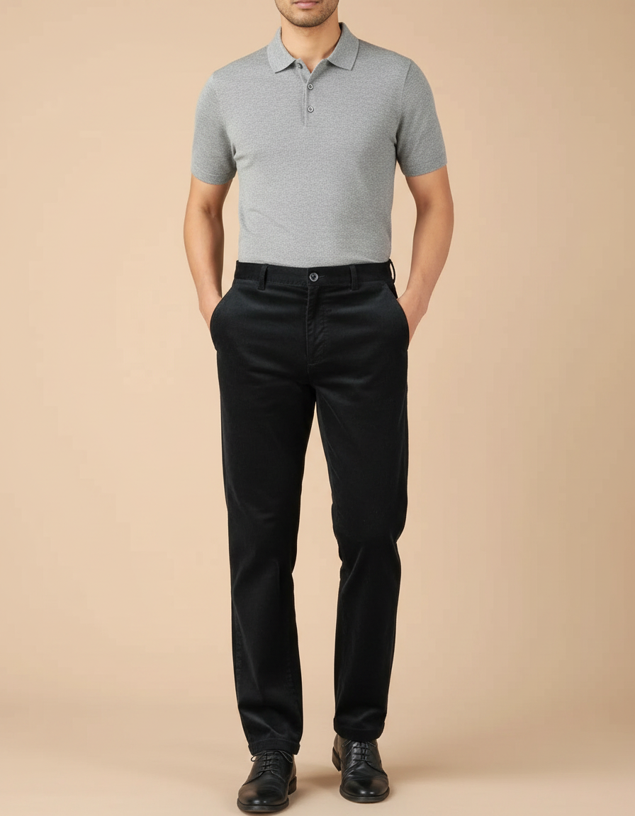 Pantalon Noir Côtelé Droit Décontracté Homme - Cordé