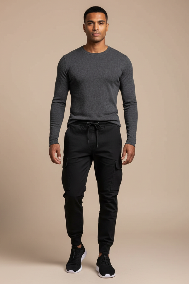 Pantalon Noir Cargo Homme Sportif Ajusté Décontracté - Polyester