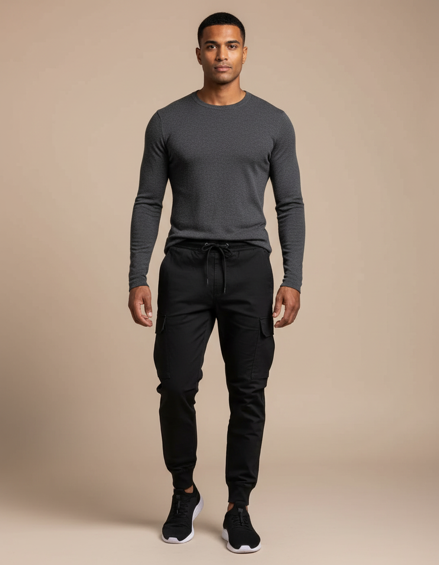 Pantalon Noir Cargo Homme Sportif Ajusté Décontracté - Polyester