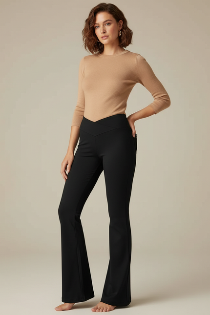 Pantalon Noir Évasé Taille Haute Confortable - Polyester