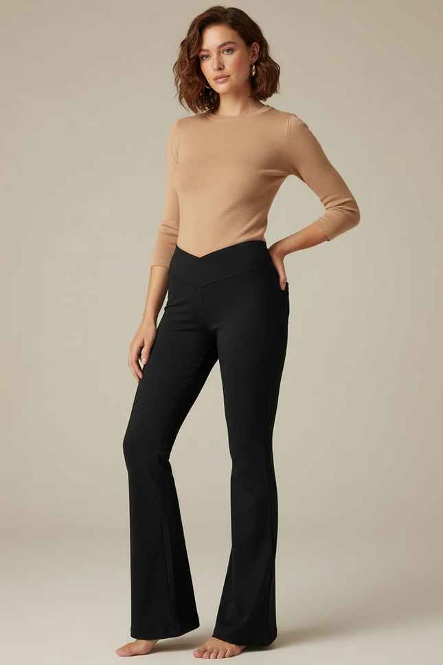 Pantalon Noir Évasé Taille Haute Confortable - Polyester