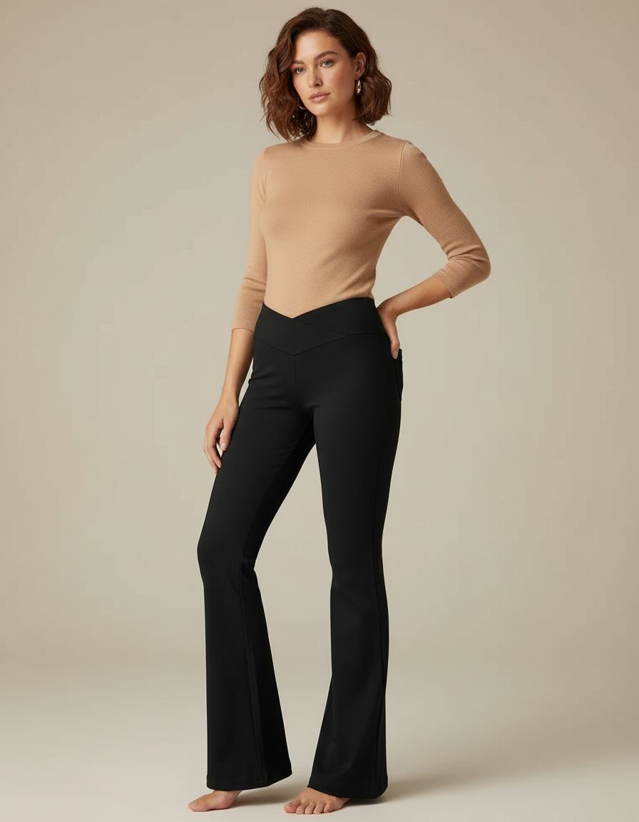 Pantalon Noir Évasé Taille Haute Confortable - Polyester