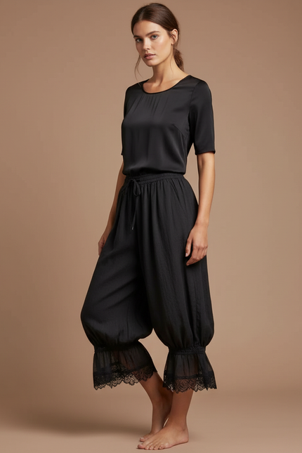 Pantalon Noir Ample Plissé Dentelle Élastique Fluide - Viscose