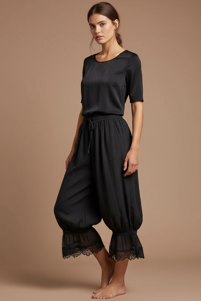 Pantalon Noir Ample Plissé Dentelle Élastique Fluide - Viscose