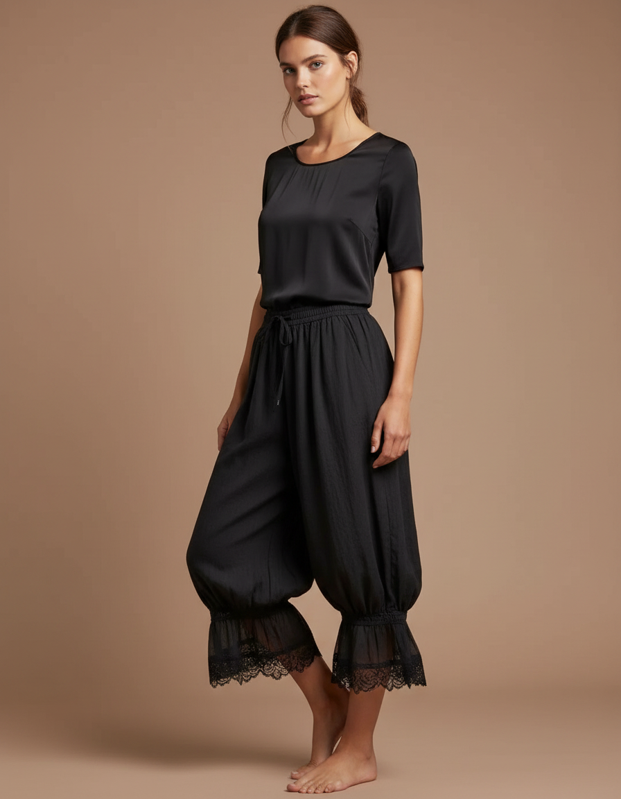 Pantalon Noir Ample Plissé Dentelle Élastique Fluide - Viscose