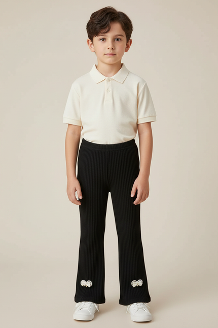 Pantalon Noir Côtelé Évasé Bowknot Confortable Enfant - Maille