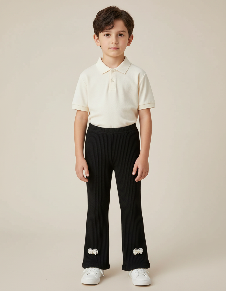 Pantalon Noir Côtelé Évasé Bowknot Confortable Enfant - Maille