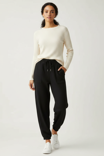 Pantalon Noir Jogging Ample Cordon Sport Femme - Molleton