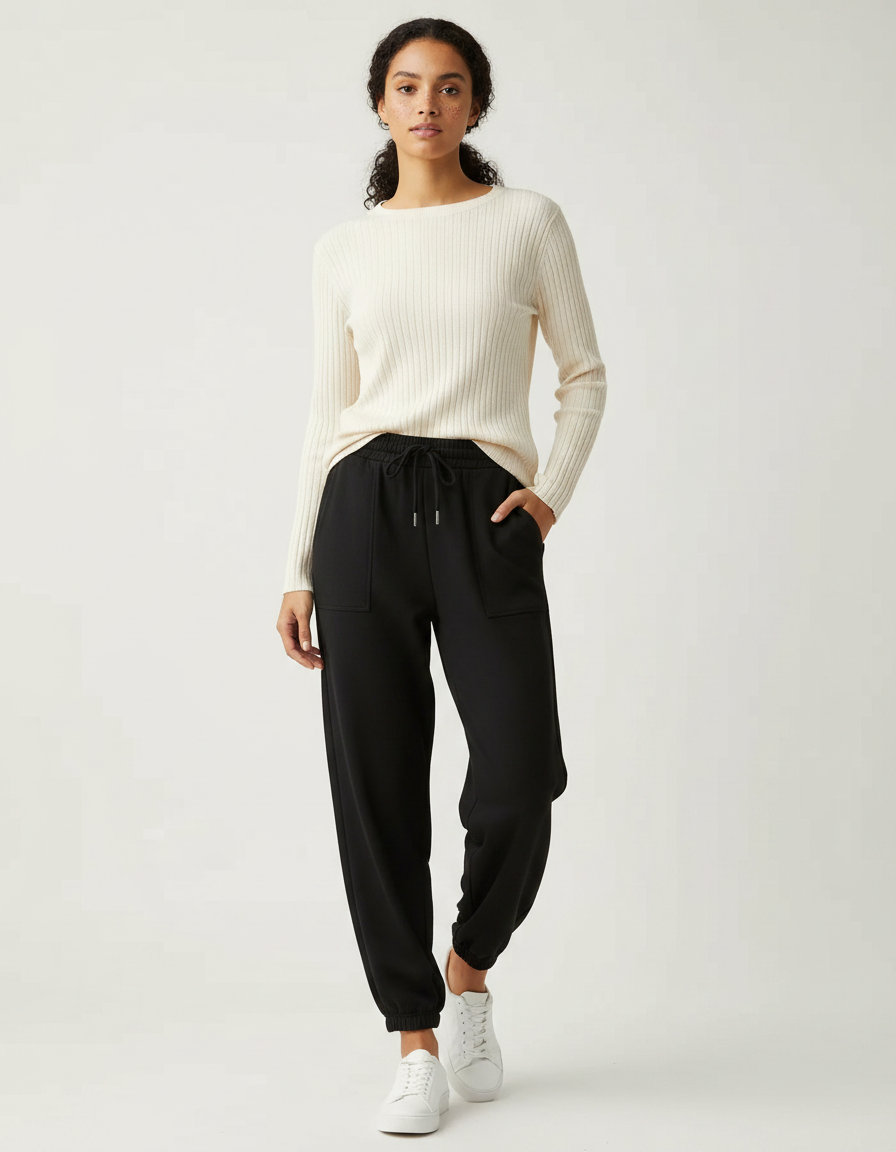 Pantalon Noir Jogging Ample Cordon Sport Femme - Molleton
