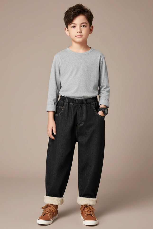 Pantalon Noir Garçon, Doublé Polaire, Ample, Hiver, Décontracté - Jean