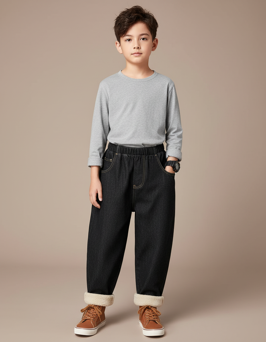 Pantalon Noir Garçon, Doublé Polaire, Ample, Hiver, Décontracté - Jean