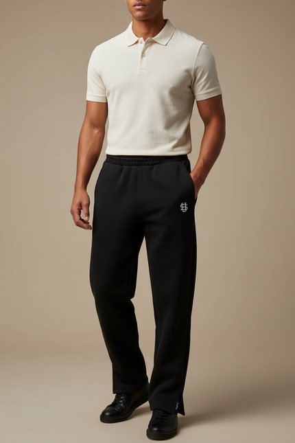 Pantalon Noir Ample Brodé Décontracté Homme - Molleton
