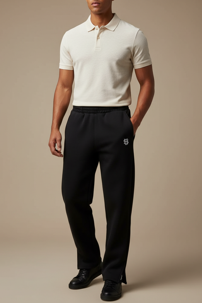 Pantalon Noir Ample Brodé Décontracté Homme - Molleton