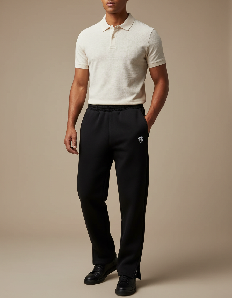 Pantalon Noir Ample Brodé Décontracté Homme - Molleton
