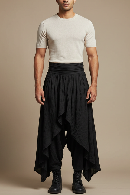 Pantalon Noir Ample Texturé Plissé Harem Homme - Lin