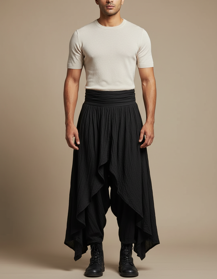 Pantalon Noir Ample Texturé Plissé Harem Homme - Lin
