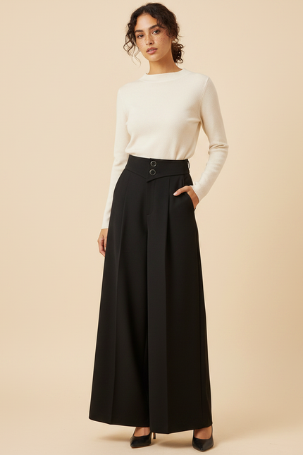 Pantalon Noir Large Taille Haute Élégant Femme - Polyester