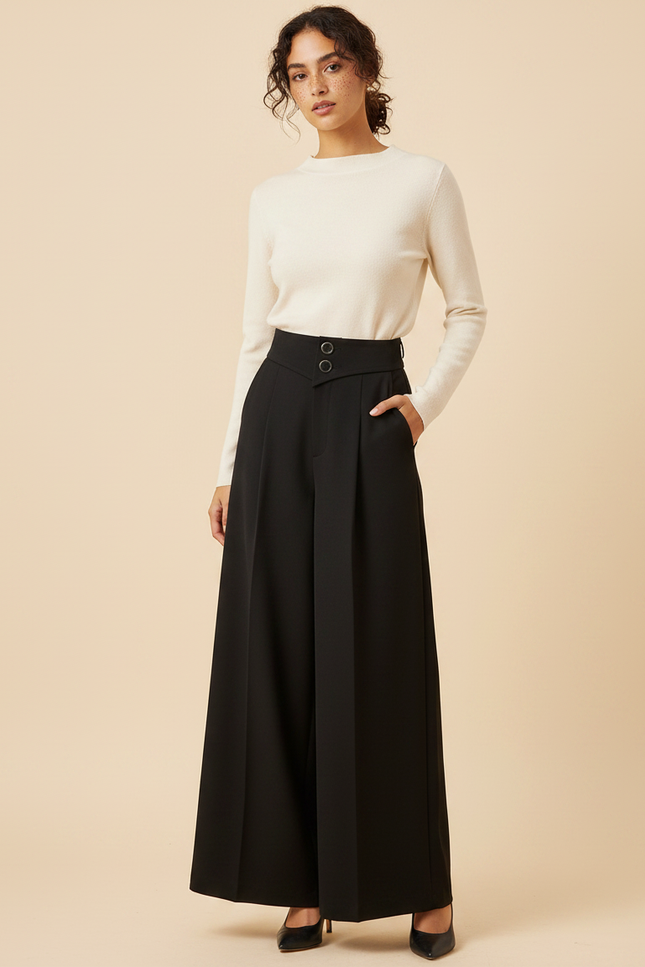 Pantalon Noir Large Taille Haute Élégant Femme - Polyester