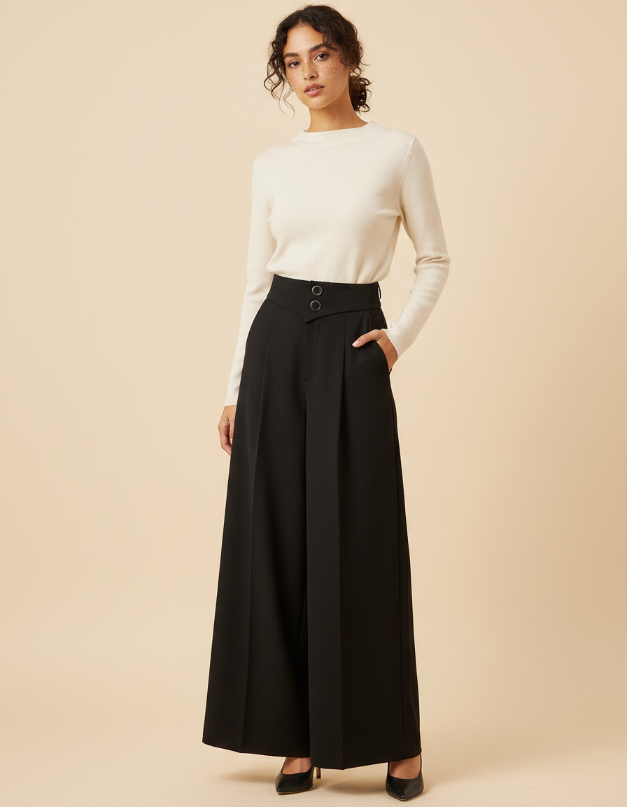 Pantalon Noir Large Taille Haute Élégant Femme - Polyester