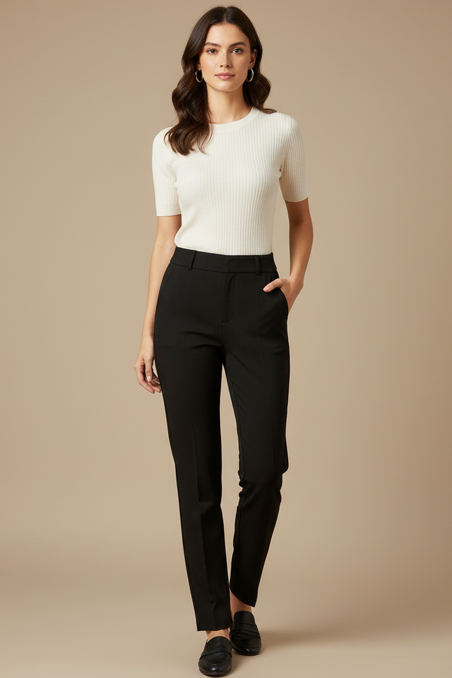 Pantalon Noir Ajusté, Taille Mi-haute, Stretch, Élégant - Polyester