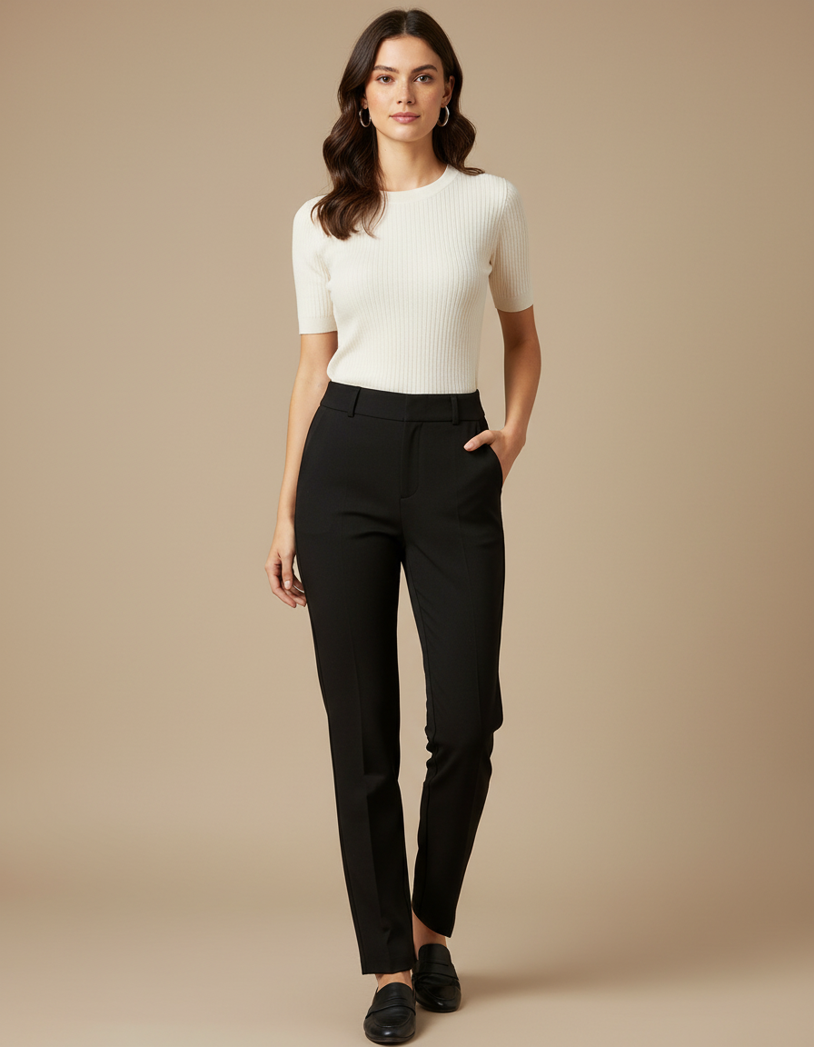 Pantalon Noir Ajusté, Taille Mi-haute, Stretch, Élégant - Polyester