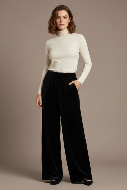 Pantalon Noir Velours Ample Taille Haute Femme