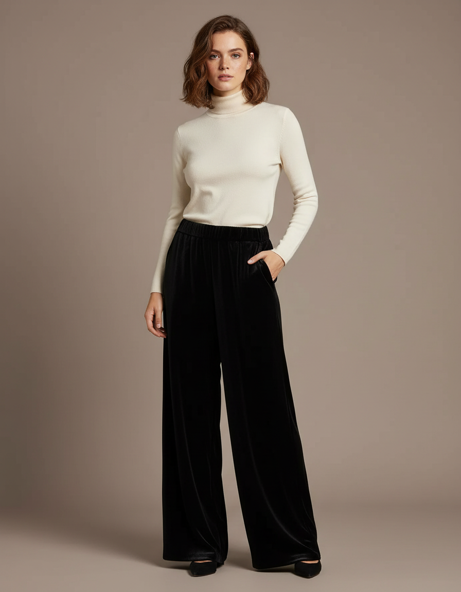 Pantalon Noir Velours Ample Taille Haute Femme