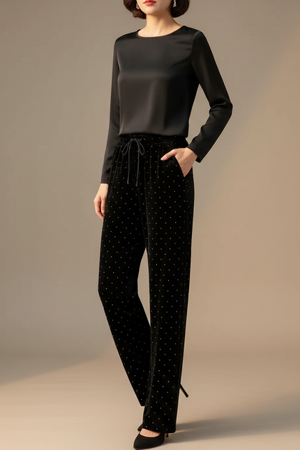 Pantalon Noir Velours Ample Brillant Élégant Fluide