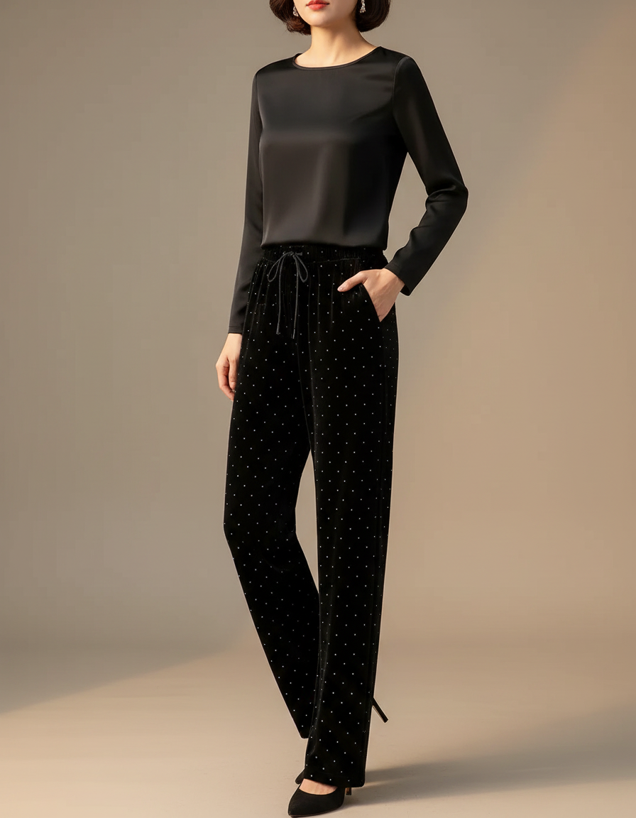 Pantalon Noir Velours Ample Brillant Élégant Fluide