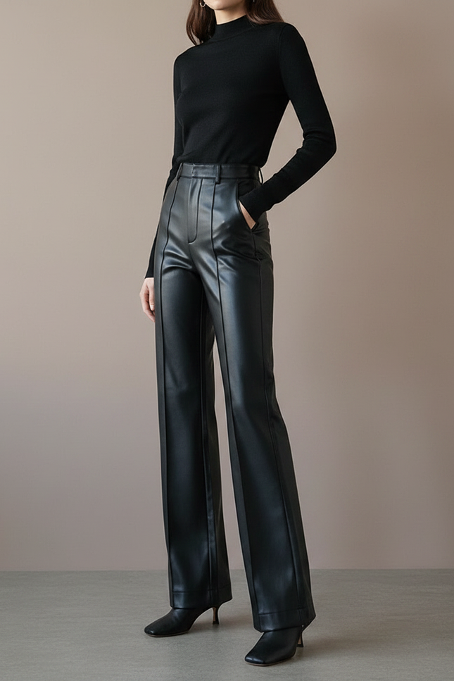Pantalon Noir Similicuir Taille Haute Large Élégant - Simili cuir