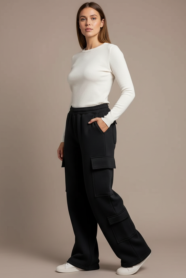 Pantalon Noir Cargo Ample Femme Poches - Molleton