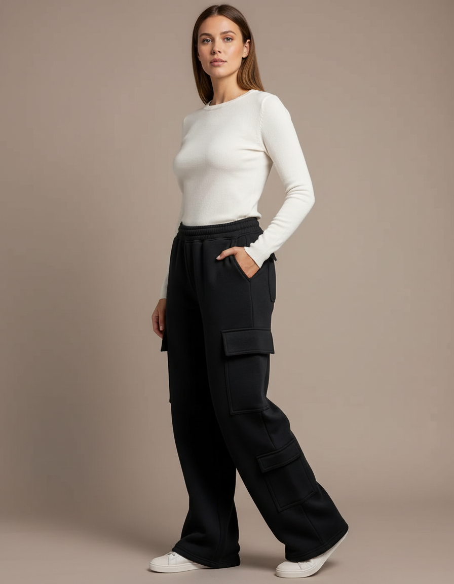 Pantalon Noir Cargo Ample Femme Poches - Molleton