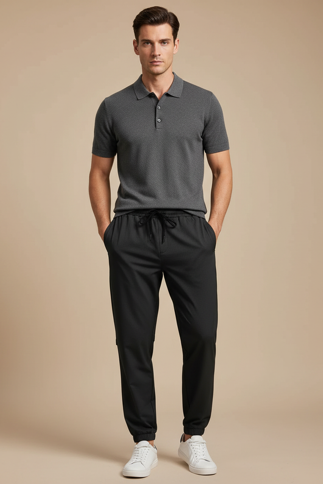Pantalon Noir Jogging Sportif Ajusté Décontracté - Polyester