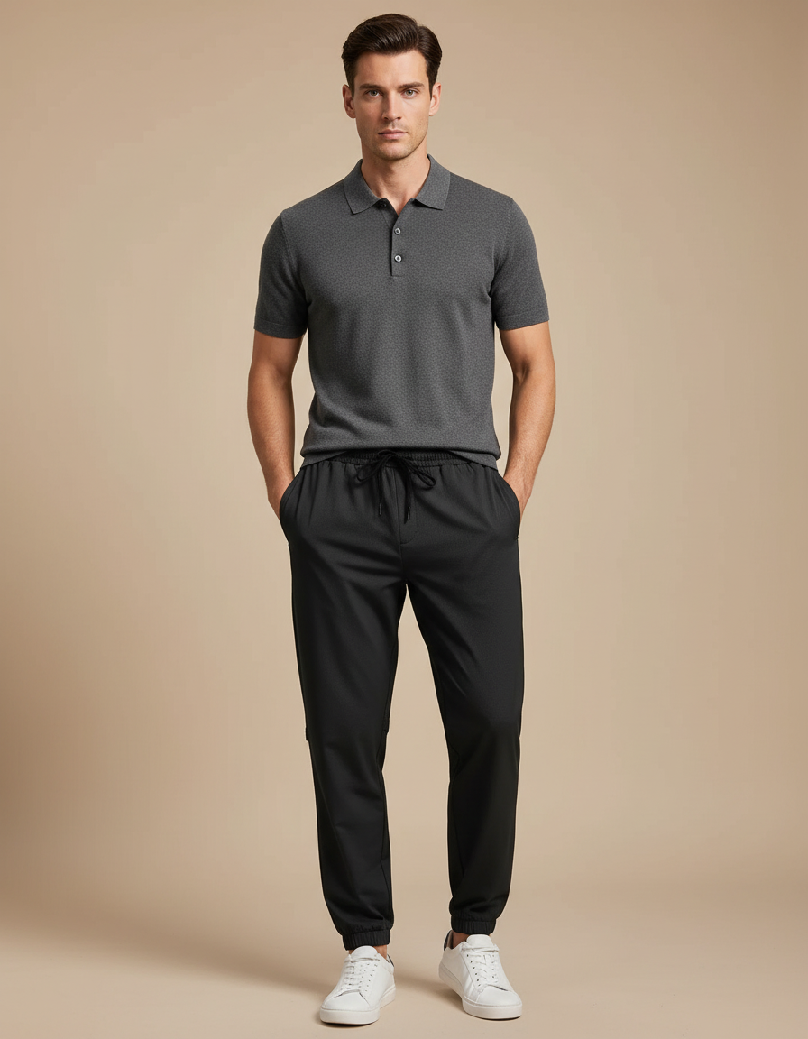 Pantalon Noir Jogging Sportif Ajusté Décontracté - Polyester