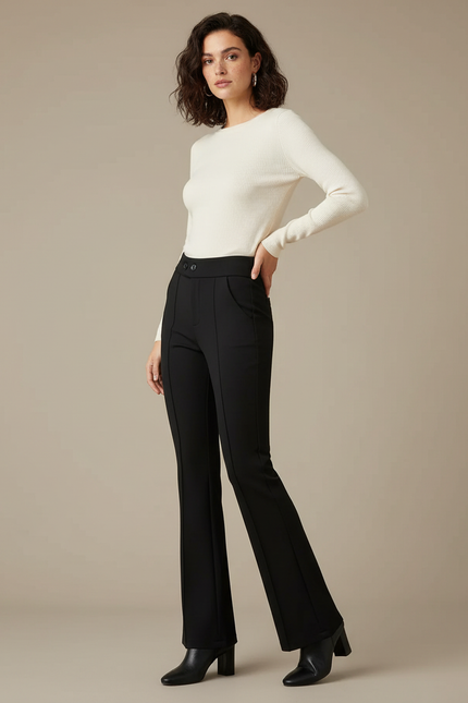 Pantalon Noir Flared Taille Haute Élégant Femme - Polyester