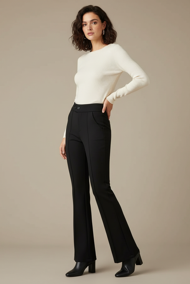 Pantalon Noir Flared Taille Haute Élégant Femme - Polyester