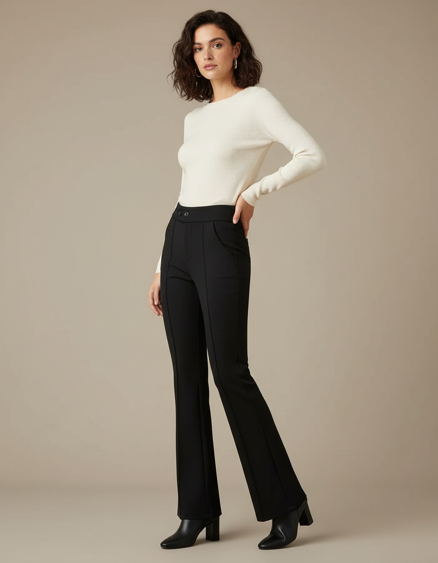 Pantalon Noir Flared Taille Haute Élégant Femme - Polyester