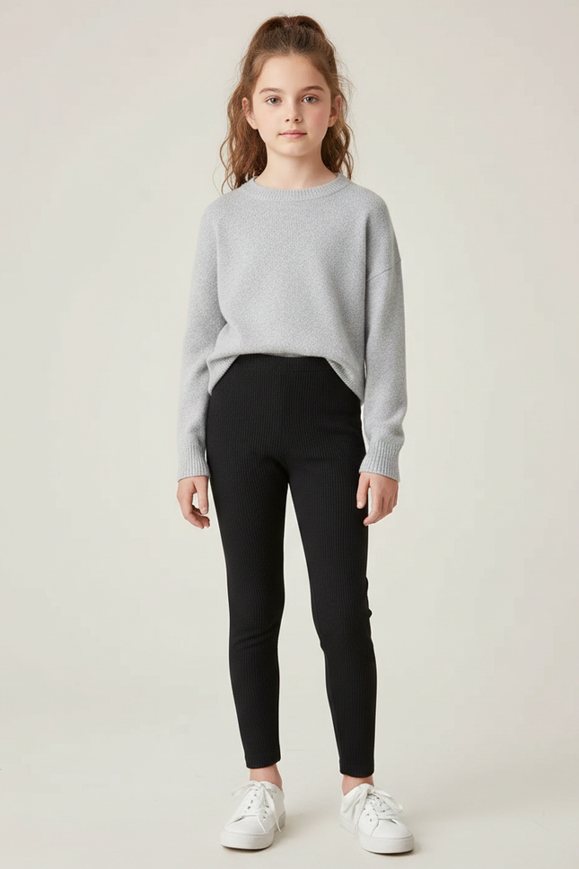 Pantalon Noir Côtelé Ajusté Fille Confortable - Maille
