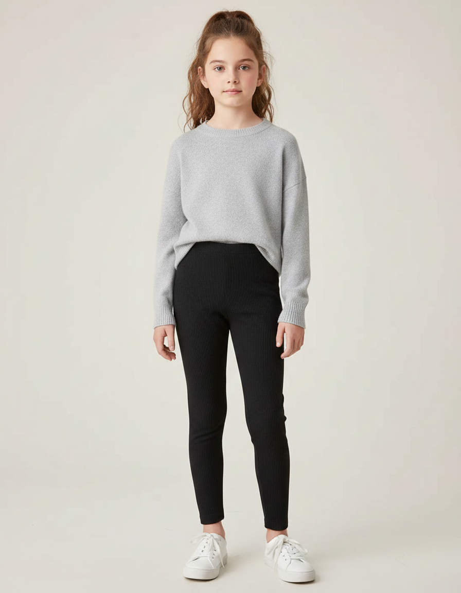 Pantalon Noir Côtelé Ajusté Fille Confortable - Maille