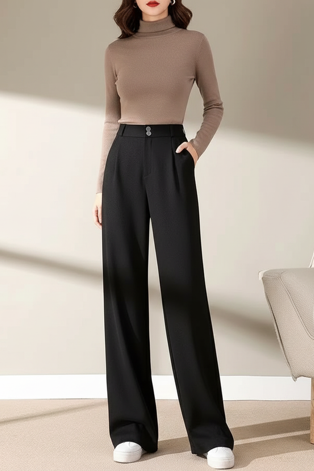 Pantalon Noir Laine Ample Taille Haute Droit Élégant